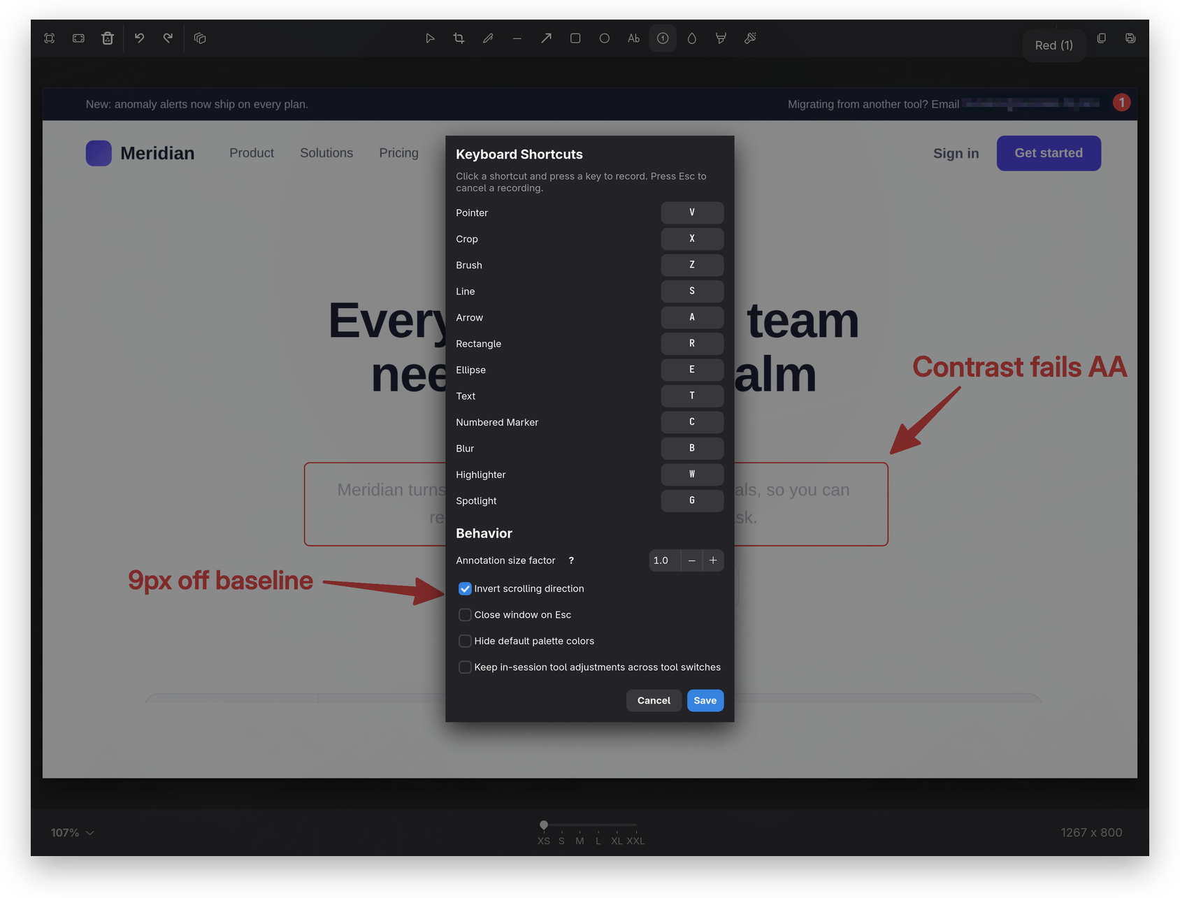 Tensaku's preferences dialog open as a modal over the app, showing keyboard-shortcut bindings and behavior settings